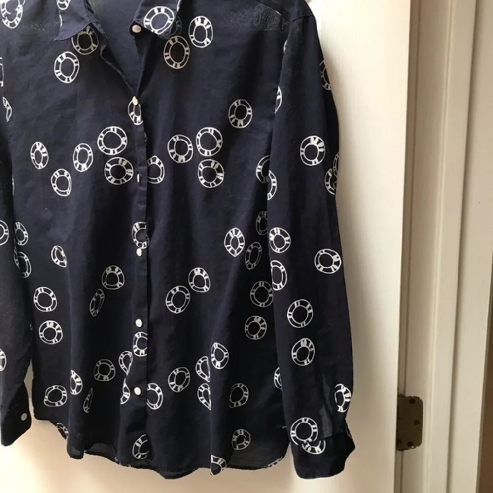 J Crew Navy with White Print Collared, Long Sleeved Top-Medium